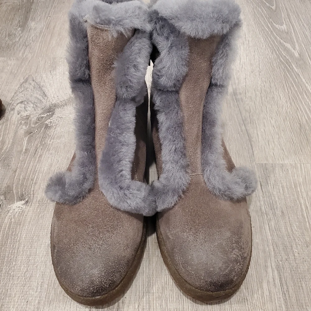 Antelope Fur Trim Ankle Boot Taupe Gray